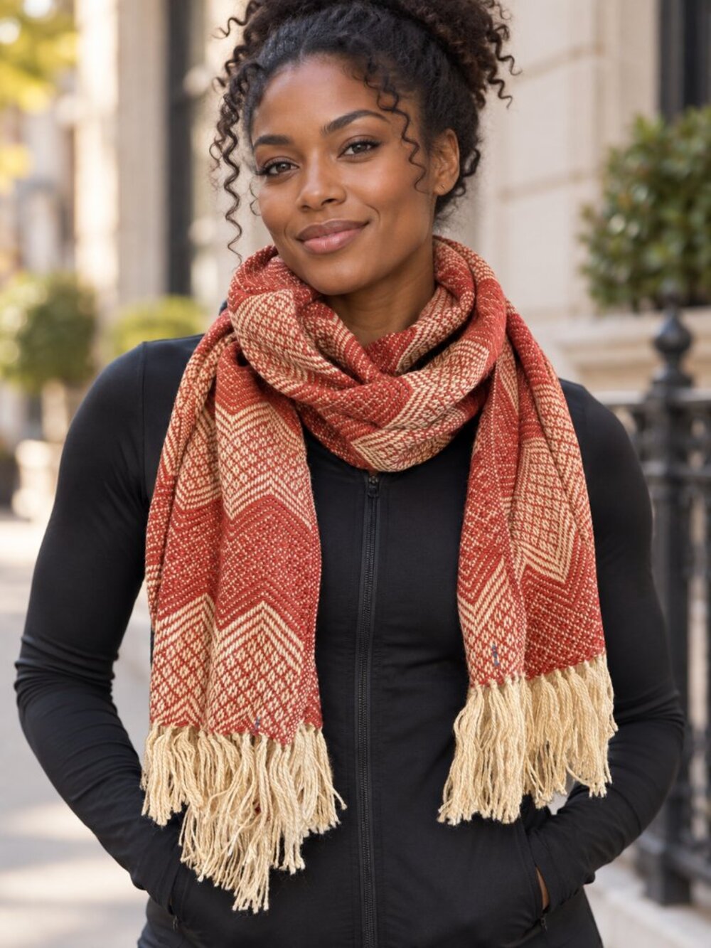 Red & Cream Woven Oversized Scarf with Fringe